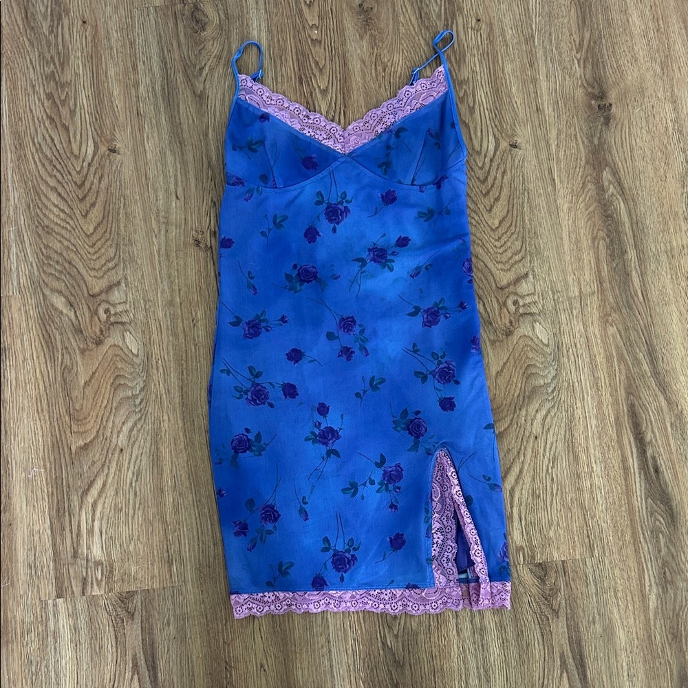 Motel Rocks Blue Floral Dress with Pink Lace